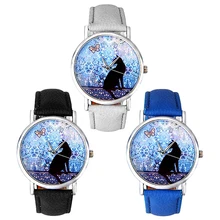 Women Butterfly Cat Pattern Faux Leather Band Analog Quartz Geneva Wrist Watch