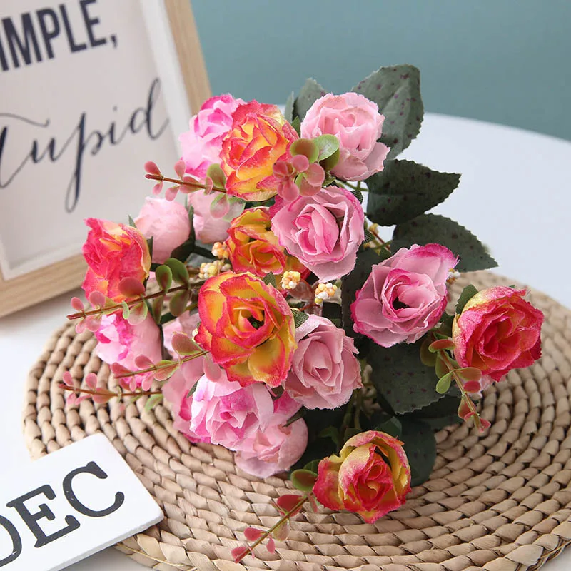 7 вилки 21 головок шелковые розы Европейский искусственный цветок Флорес для свадьбы домой искусственный цветок для декорирования маленький букет - Цвет: rose pink