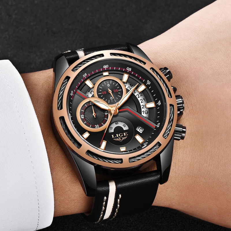 

Relojes Hombre 2019 LIGE Men Sport Watch Chronograph Leather Strap Quartz Army Military Watches Clock Men Top Brand Luxury Male