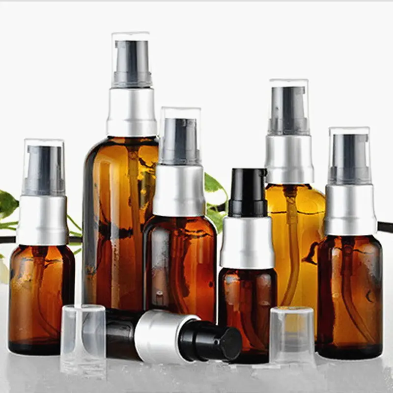 

20pcs/Lot New 5ml 10ml 15ml 20ml 30 50ml 100ml Amber Brown Glass Spray Bottle Essential Oils Bottle With Anodized Aluminum Pump