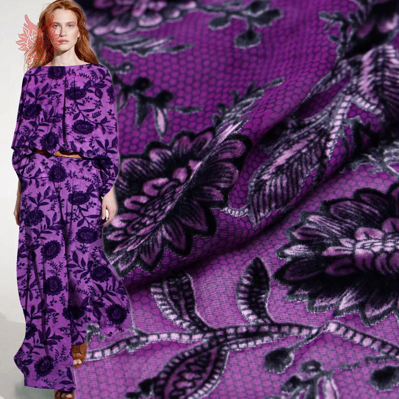 Black/purple floral burnout fabric for sewing rayon silk velvet fabric