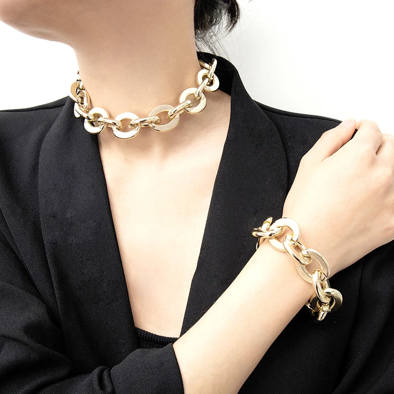 Punk Necklace Round Metal Chain Necklace/Bracelet Chain Jewlery Sets for Women