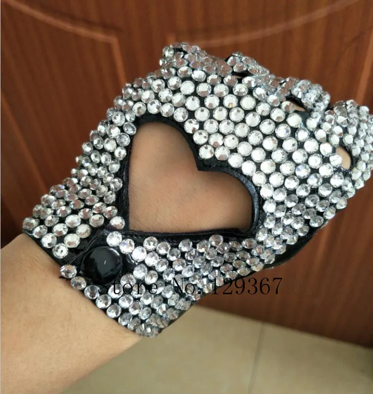 

Women's fashion semi-finger faux PU leather sexy fingerless heart cut out rhinestone gloves lady's hip-hop dance gloves