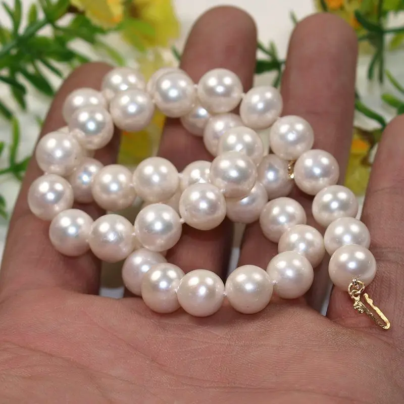 

shipping GZ genuine gift AAA 9-10mm white round fresh water cultured pearl necklace