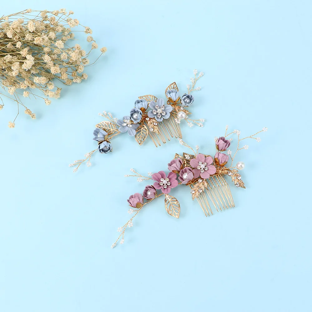 Blue Purple Handmade Pearl Flower Hair Combs Bridal Crystal Hair Pin Side Pin Party Decoration