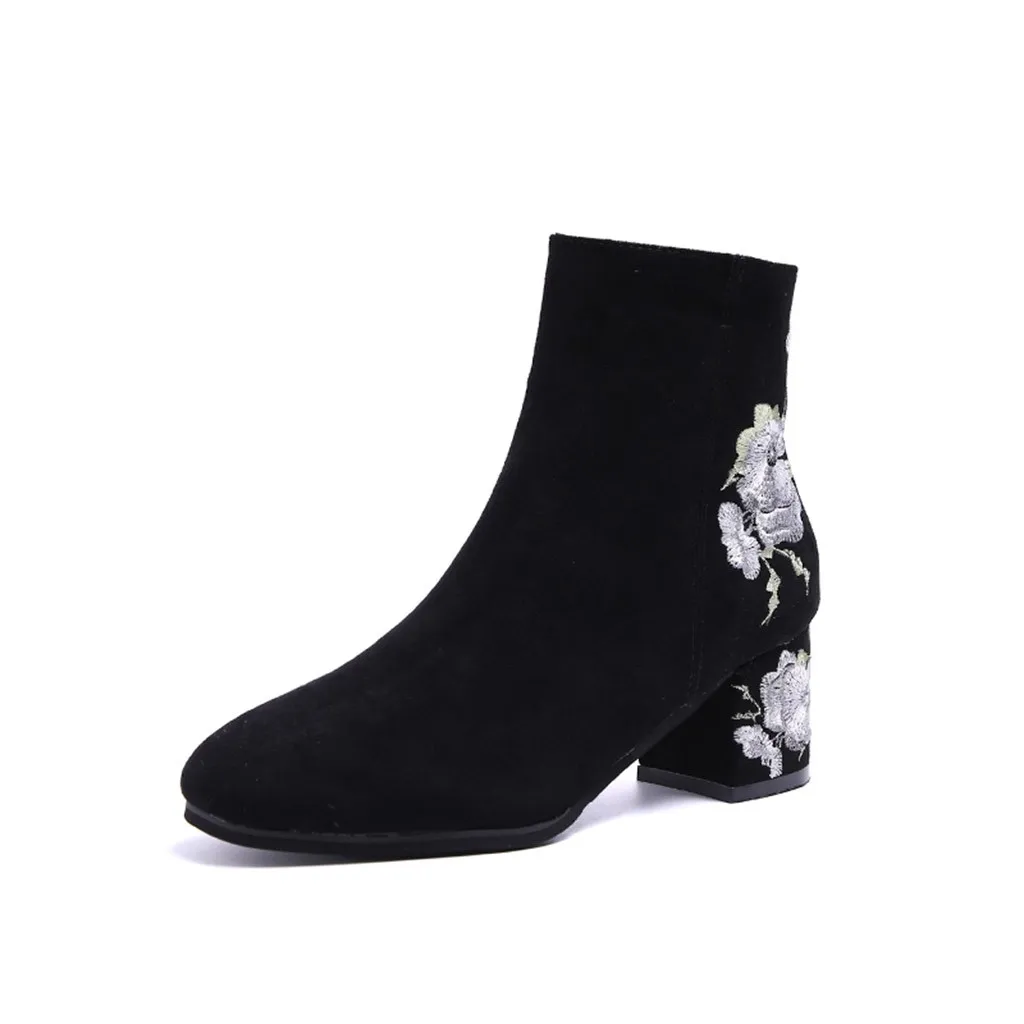 SAGACE сапоги Для женщин вышивать высокие ботильоны, ботинки черного цвета из флока, круглый носок, на молнии, красный, белый Обувь с цветочным орнаментом Дамские короткие ботинки 1DEC11