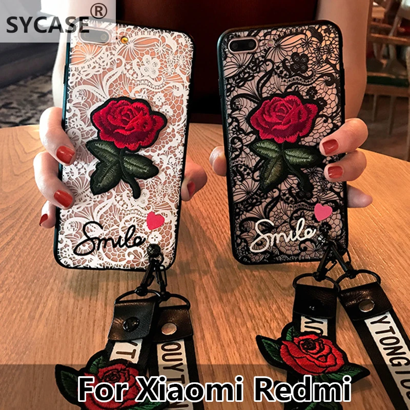 SYCASE Fashion long strap Lace Embroidery rose stickers cover for Xiaomi Redmi 5 Plus note4X note5 5A soft mobile phone Case |