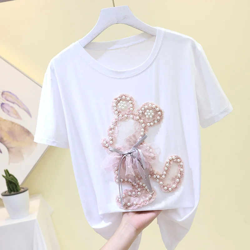 

2019 summer new sweet lace stitching beaded loose student bottoming short-sleeved t-shirt