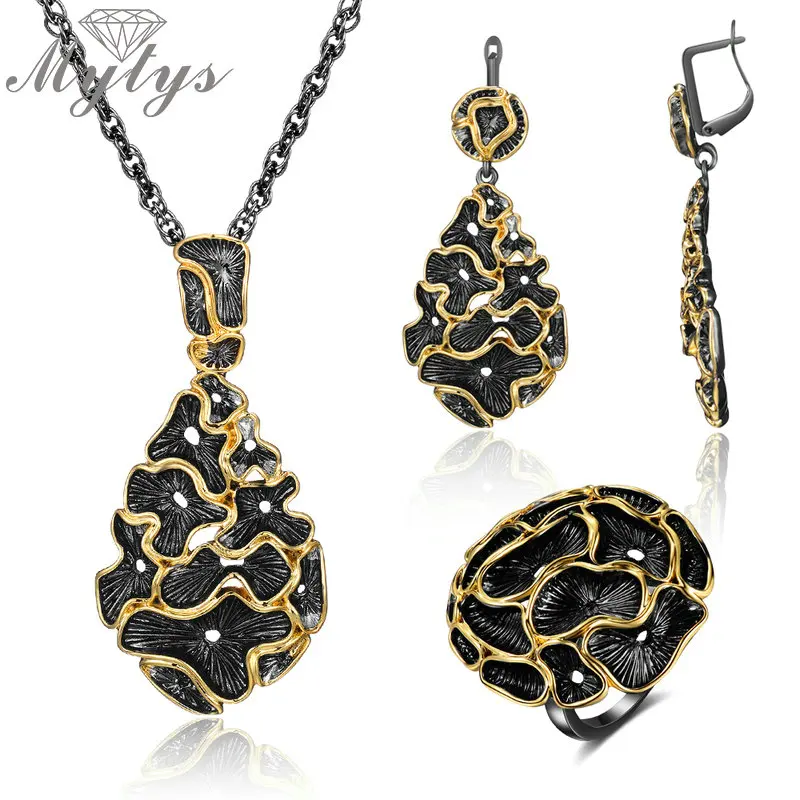 Mytys Vintage Black Gun Jewelry Set Fashion Women Jewelry Set Antique Silver Yellow Gold Lace Flower Necklace Sets 3pcs
