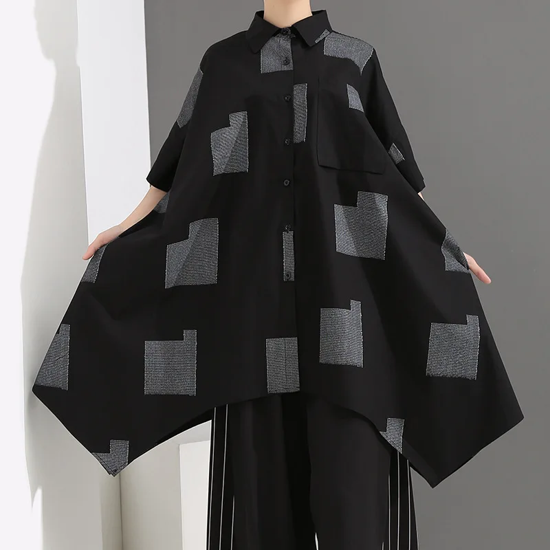 

New Brand Geometric Blouse Shirts Women Short Sleeve Casual Plus Size Loose Cloth Office Ladies Black White Maxi Blouses