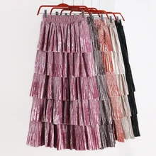 Осенне-зимняя винтажная женская черная бархатная длинная юбка с оборками, осенняя Повседневная Женская велюровая юбка с высокой эластичной талией