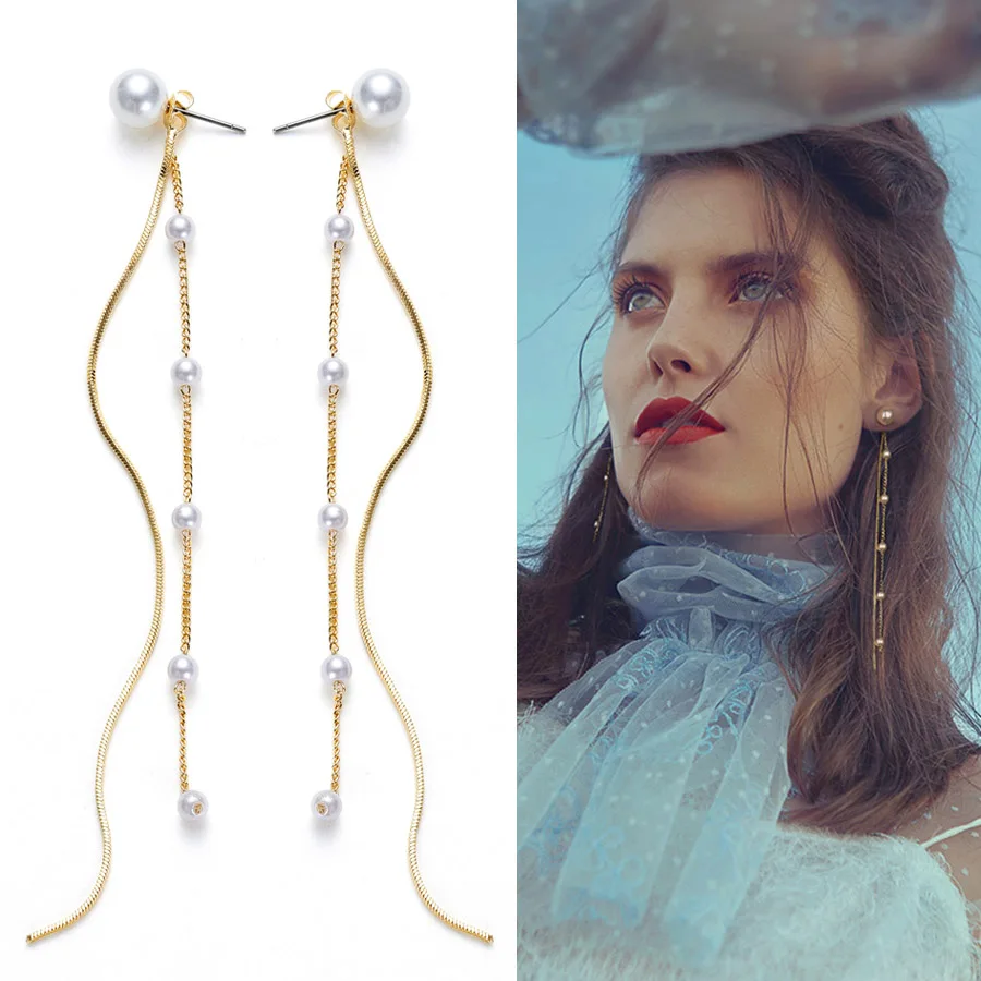 

Classic Chain Tassel Earrings for Women Jewelry Simulation Pearl Earings Fashion Gold Silver Long Drop Earring Gift for Girls