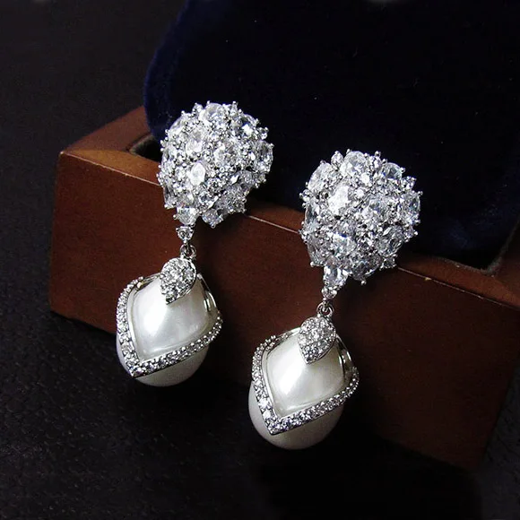 Fashion Cubic Ziron Stone Pave Setting Pearl Dangle Earrings Drop Fashion Cubic Ziron Stone Pave Setting Pearl Dangle Earrings Drop For Women Party Jewelry Wedding Bride In From Accessories