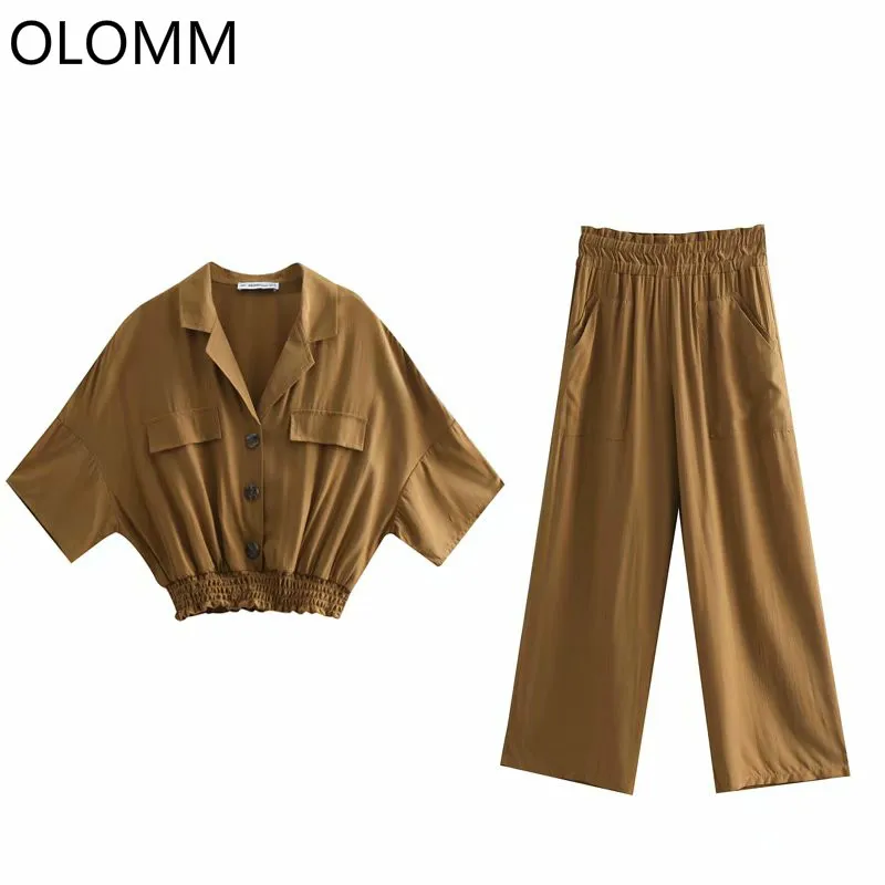 

2019 summer new women's fashion holiday retro waist slim short shirt jacket fashion high waist wide leg pants two-piece