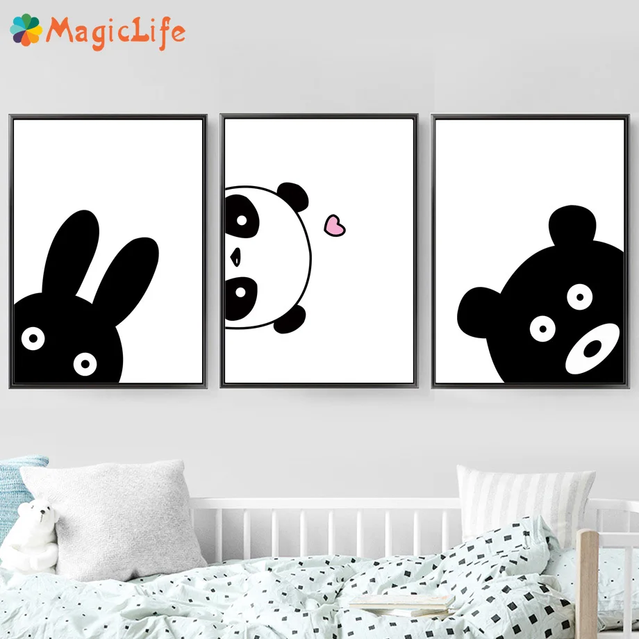 

Black White Cartoon Panda Bear Rabbit Hippo Decor Wall Art Canvas Painting For Kids Room Wall Pictures Decorative Unframed