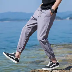 Новинка 2019, повседневные эластичные Мужские штаны для пробежек, свободные уличные брюки, мужские хлопковые льняной эластичный корсаж