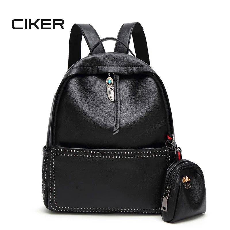 CIKER Brand Fashion Women Backpacks Rivet Black Soft Leather Bag Schoolbags For Teenage Girls Escolar Female