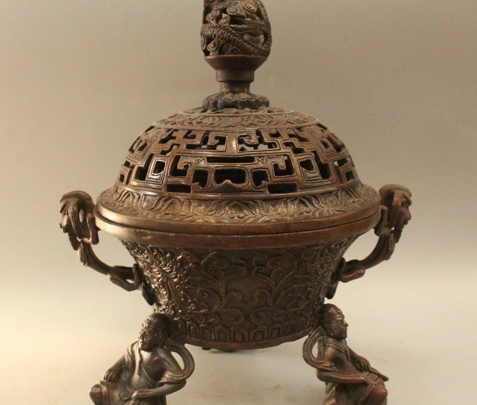 

10"Marked China Dynasty Copper Lucky Dragon Buddha Incense Burner Censer