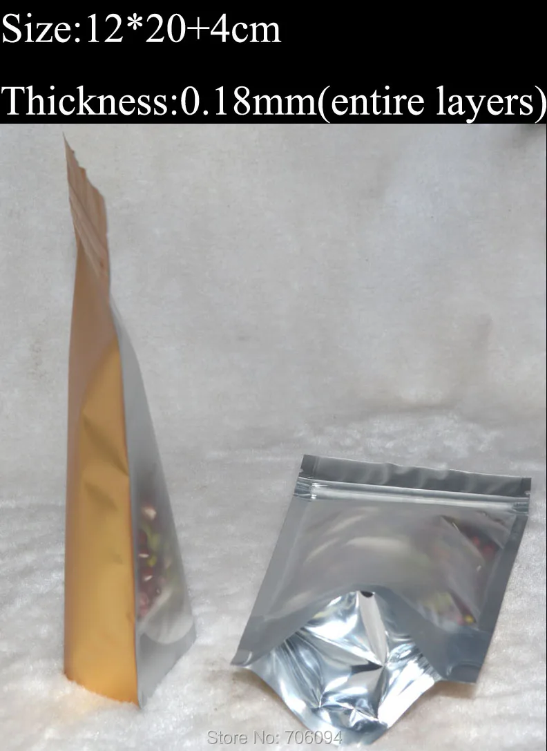 

12x20+4cm/4.7''x7.9'',200pcs/lot, Tea,Coffee pack bag clear stand up foil Bag Gold Ziplock Stand Up Metallic Ziplock Bag
