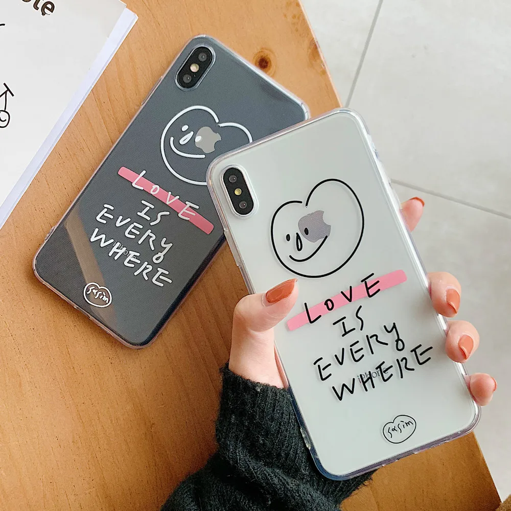 

Transparent soft shell couple Phone Case For iPhone7 8 6cute letters love smile TPU Phone Case for iPhoneX XR XS ultra-thin Case
