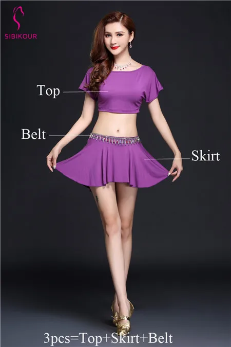 NEW Women Belly Dance Costume Practice Wear Oriental Bollywood Dancing Dress Top Skirt Belt Set Dance Wear Sexy For Adult - Цвет: Purple 3pcs