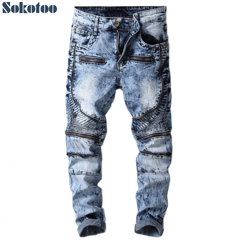 Sokotoo Для мужчин; молнии снег промывают синий лоскутное байкерские джинсы для moto середины талии тонкий стрейч джинсы