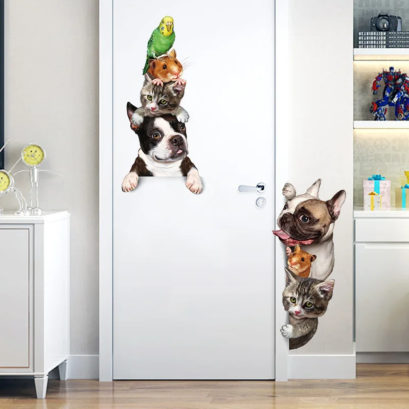 Cartoon Animals 3D Wall Sticker Cats Dogs Mouse Birds Door Stickers Funny Home Decor Kids Room Decoration Vinyl Wallpapers