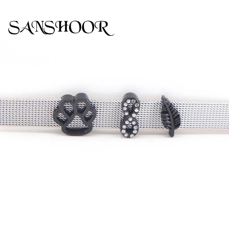 

SANSHOOR Black Crystal infinity & Paw Leaf Slide Charms fit 10mm wide Stainless Steel Mesh Keeper Bracelets Accessories Making