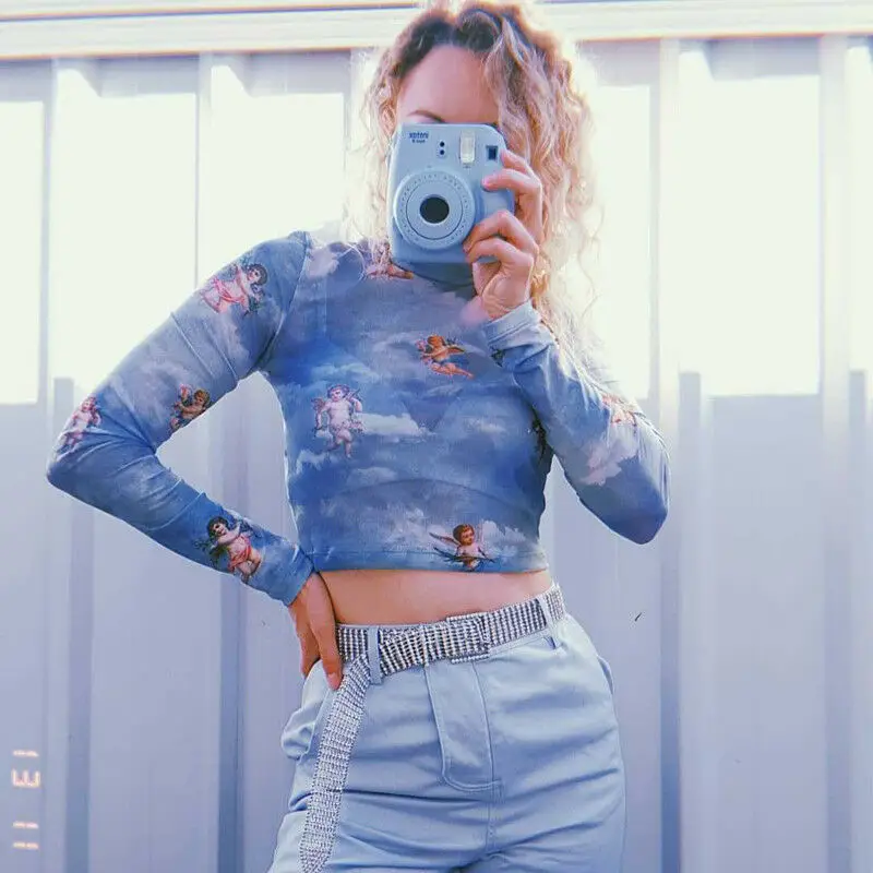 

Women Summer Long Sleeve Mesh Perspective Turtleneck Crop Tops Printed Fashion Ladies Casual Shirt Blouse