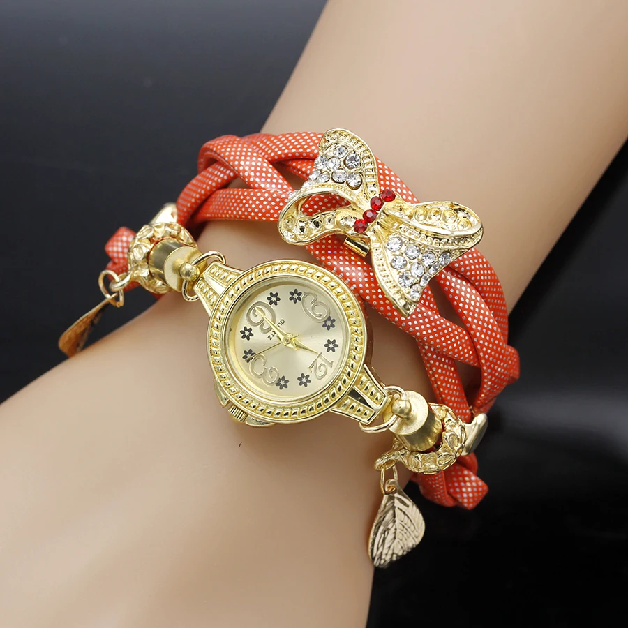 

shsby fashion Women Rhinestone Watches Ladies weave rope strap bowknot alloy bracelet quartz wristwatch women gold dress watches