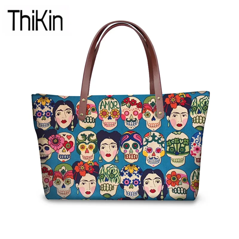 THIKIN حقائب كتف للنساء السكر الجمجمة الطباعة حقائب السيدات السفر أعلى-حقائب بيد للإناث اليد حقيبة الفتيات أكياس كتاب