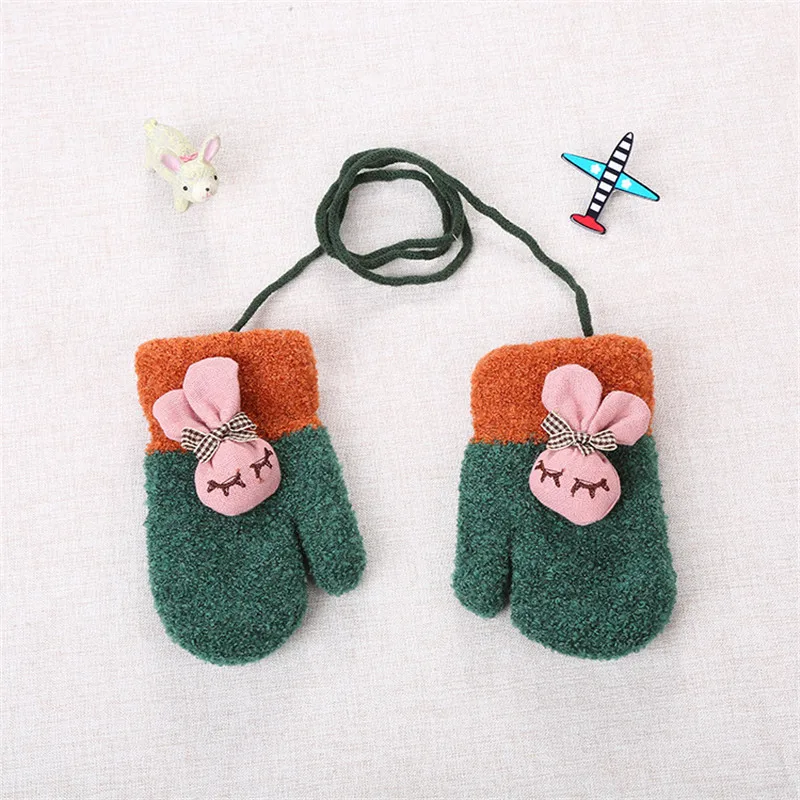1 Pair Cute Cartoon Little Rabbit Thicken Warm Cotton Infant Baby Boys Girls Winter Warm Solid With Sling Full Finger Mittens Kids (4)