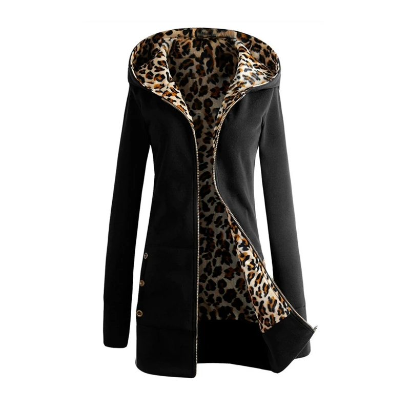 Manubeau леопардовая подкладка пальто размера плюс S-6XL зима Женская Толстая Женская на молнии осеннее теплое пальто длинная куртка с капюшоном верхняя одежда