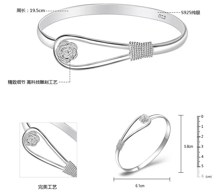 Новая мода, 925 пробы, серебряный, простой, розовый цветок, браслеты с пряжкой, браслеты-манжеты и браслеты, ювелирные изделия, браслеты для женщин из S-B18