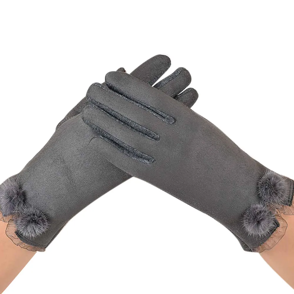 Women Warm Winter Glove Soft Faux Suede Thick Mitten Full Finger Glovees Lovely Plush Ball Lace Mittens Guantes Mujer@py