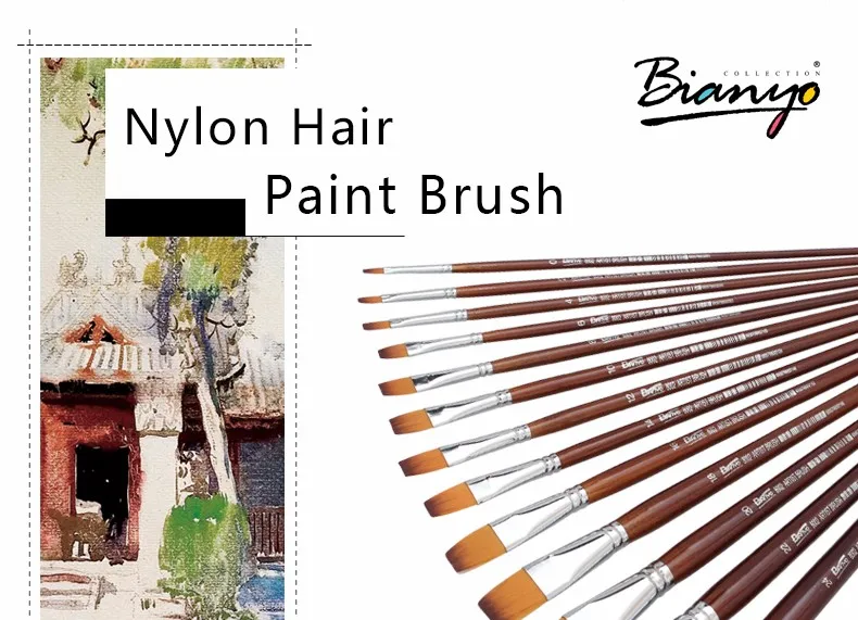 Escova de Óleo Conjunto para Artista Bianyo Punho Longo Náilon Cabelo Forma Plana Estudante Escola Acrílico Aquarela Pintura Ferramenta Suprimentos 13 Pçs 2 Pincéis de pintura