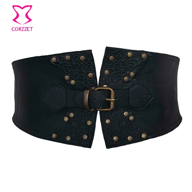 Wide Black Vintage Gothic Corset Belt Faux Leather Studded Rivet and