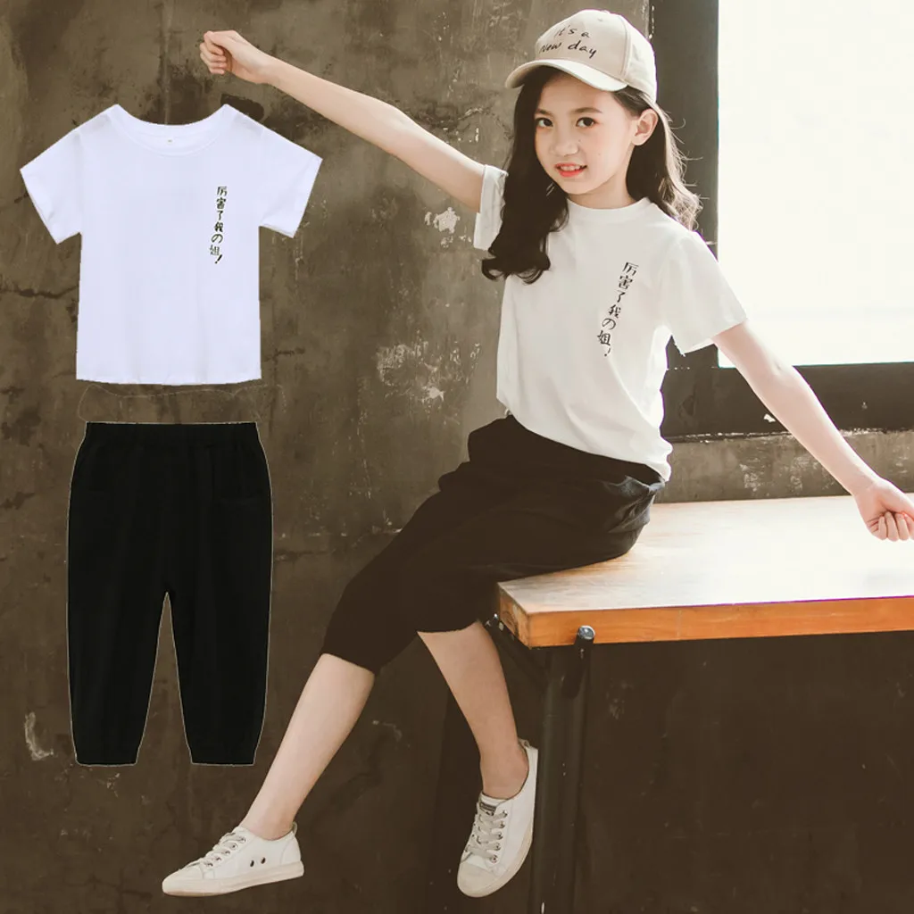 Комплект одежды для девочек-подростков, лето, китайская футболка с надписью «Japanes», штаны-капри, детская одежда для маленьких девочек 3, 5, 7, 8, 13 лет