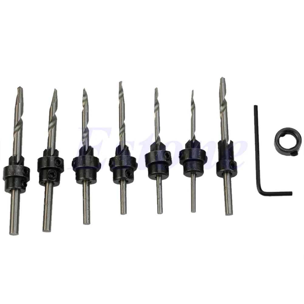 

22Pcs Adjustable Countersink Drill Bit Set Depth Stop Collars Woodworking Wrench