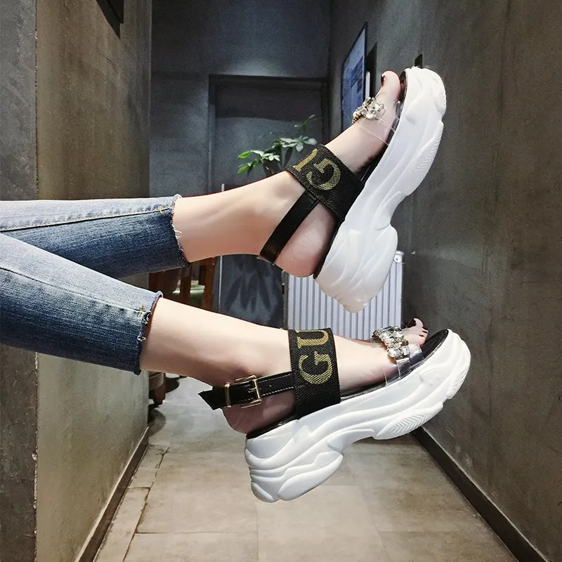 

Hot Sale Brand Design Women Roman sandals ins hot 2019 new summer fashion thick bottom Platform High Heels rhinestone sandals