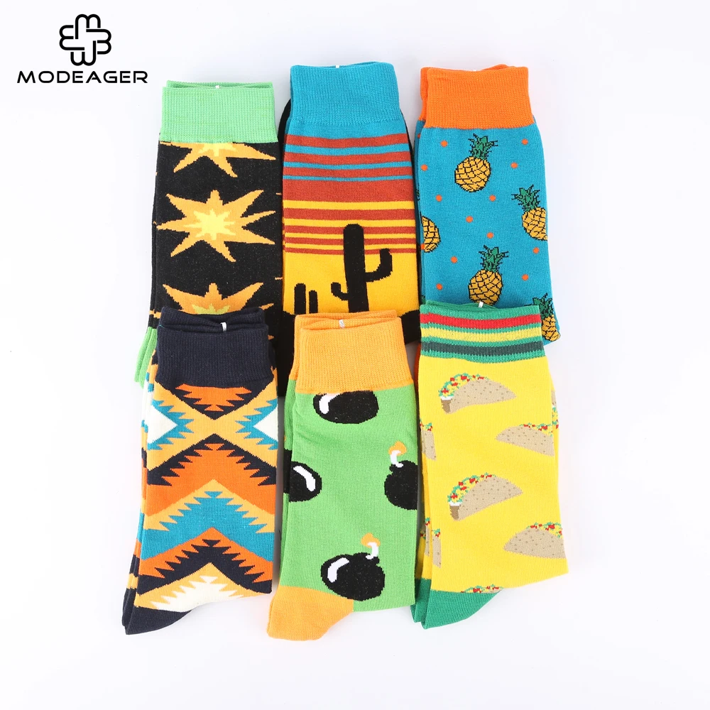 Modeager Brand Fashion Men's Cotton Socks Bomb Cactus pineapple TACOS printed Funny Novelty Skate Cool Socks for Men