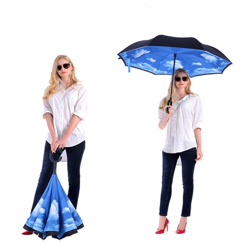 

Windproof Reverse Folding Double Layer Inverted Chuva Umbrella Self Stand Inside Out Rain Sun Protection C-Hook Hands For Car