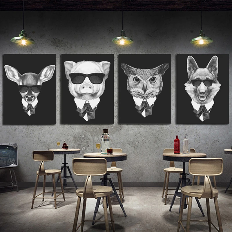 

Black and White Fashion Mafia Hipster Animals Dog Cat Posters Prints Vintage Nordic Wall Art Pictures Home Decor Canvas Painting