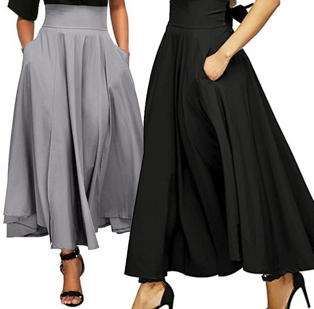 Women High Waist Long Skirt Pleated A Line Front Slit Belted Maxi Skirt Ankle Length Solid 