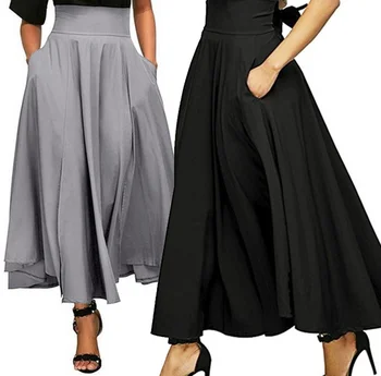 

Women High Waist Long Skirt Pleated A Line Front Slit Belted Maxi Skirt Ankle-Length solid casual women fashions matching skirt