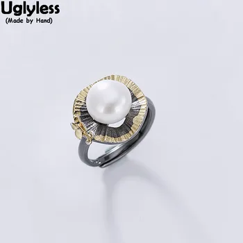 

Uglyless Real 925 Sterling Silver Handmade Flower Rings for Women Nature Pearl Open Finger Ring Anti-allergic Black Gold Jewelry