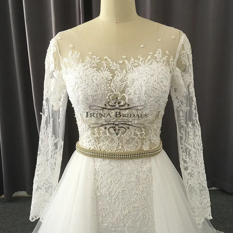 Irina Bridals Кружевная аппликация с длинным рукавом Прозрачная Съемная юбка пляжное