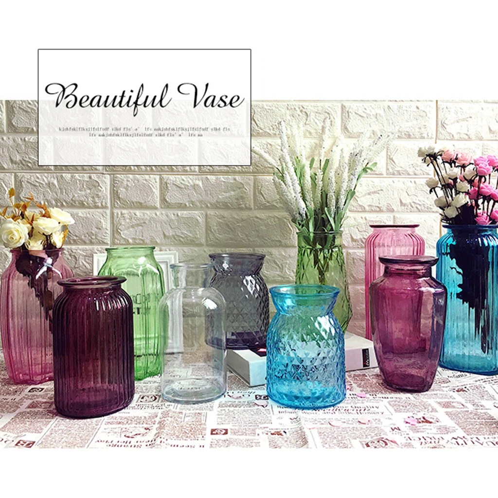 Colorful Glass Dried Flower Vase Hydroponic Container Bottle for Home Room Table Decor Office Shop Cafe Club Ornament