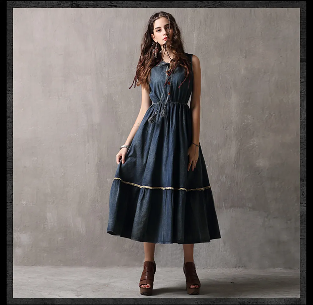 Vintage Summer Tank Dress 2018 Casual High Waist Denim Vestidos O-Neck Swing Hem A-line Elegant Sundress Dress Female K82106 (11)