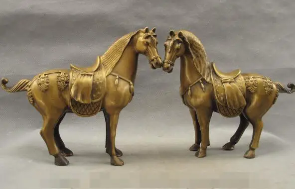 

S3392 10" Folk Chinese Bronze Year Zodiac FengShui Jump Tang Horse Statue Animals Pair